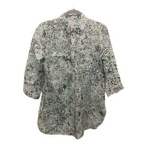Chicos Top Blue White Button Tunic Shirt No Iron Linen 3/4 Sleeve Size O Small‎